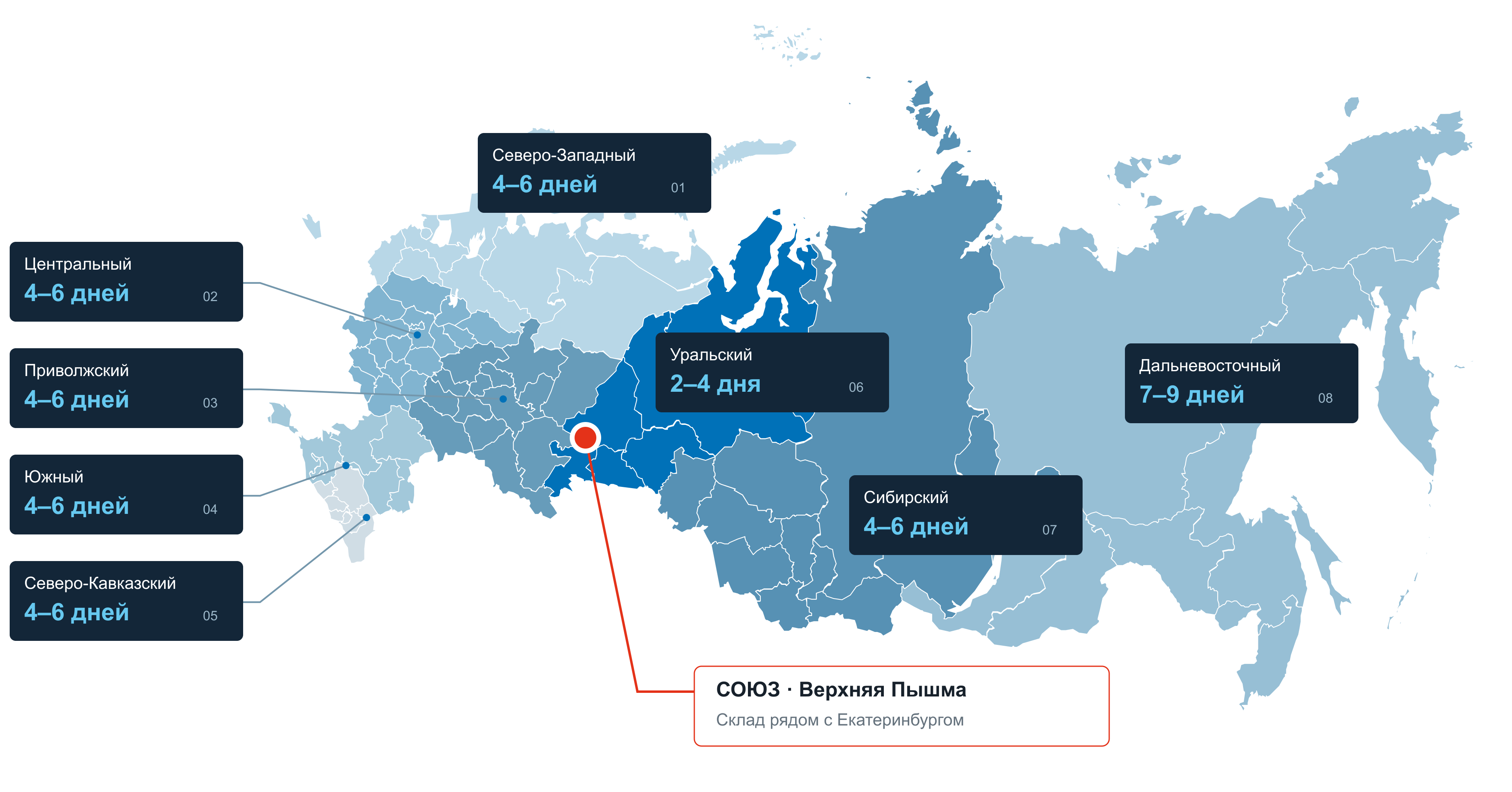 Карта округов и ориентировочных сроков доставки из Верхней Пышмы
